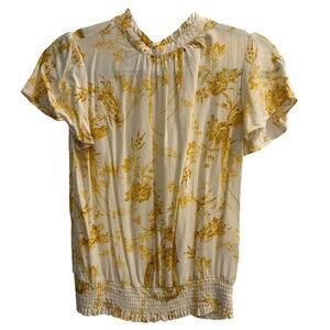 Rose + Olive Size Medium Gold Yellow Roses Floral High Neck Elastic Waist Blouse